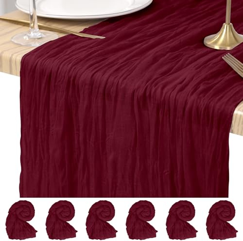6 Stück Burgund Käsetuch Tischläufer 45 x 275 cm rustikaler Gaze Stoff Tischläufer Romantisch Hochzeits Seihtuch Tischläufer für Hochzeiten, Festivals, Jubiläum, Abendessen, Outdoor -Partys