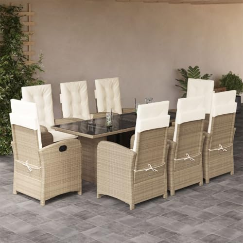 Yunovire 9-TLG. Garten-Essgruppe Beige aus robustem Poly Rattan, verstellbare Stühle, Glastisch, Outdoor Patio Dining Set für Garten, Terrasse, Balkon