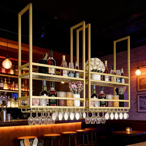 SPTZQURY Industrielle Deckenregal Weinregal mit Glashalter, Hängend Metall Weinflaschenhalter, 2 Lagiger Hängeregal Industrieller Stil Lagerregal für Bars, Restaurants, Küchen Cafe (Gold, 120cm)