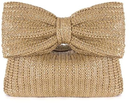 QKEPCY Bolso de Paja para Mujer Clutch de Verano con Lazo Tejido y Cremallera Monedero de Rafia Estilo Bohemio Bolso de Mano Casual para Playa y Viajes