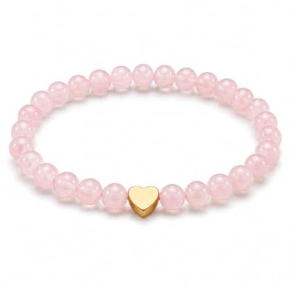 GD GOOD.designs Bracciale con Pietra Naturale e Cuore in Acciaio Inox Placcato Oro 18K | Bracciale da Donna con Perle da 6 mm | Impermeabile | Elastico 15–19 cm | Sacchetto Portagioie Incluso