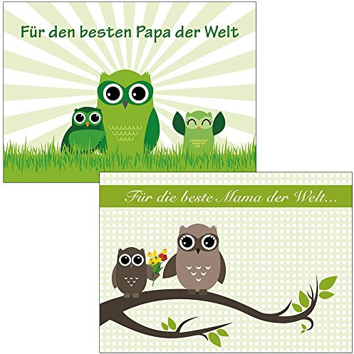 2 Postkarten 1x Eule Muttertag 1x Eule Vatertag Für die beste Mama/Papa der Welt.. 1127+1125