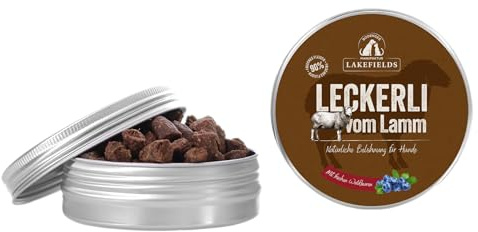 Lakefields Hundeleckerli | Trockenfleischwürfel vom Lamm | 50g | 90% Lammfleisch | Getreidefreie Hunde Snacks mit Kartoffeln & Waldbeeren | Knusprige Belohnung für Zwischendurch | Ohne Zusätze