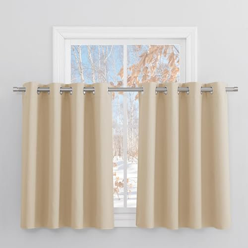 PONY DANCE Scheibengardinen Wohnzimmer Ösenvorhang 2er Set Verdunkelungsvorhang Kurze Gardine für Küche Blickdichte Vorhänge mit Ösen, H 90 x B 132 cm, Biscotti Beige