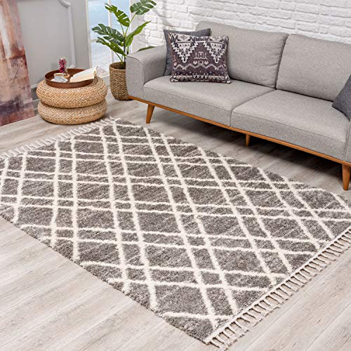 Teppich Hochflor Wohnzimmer - Ethno Raute Design 80x300 cm Grau Creme - Teppich-Läufer mit Fransen