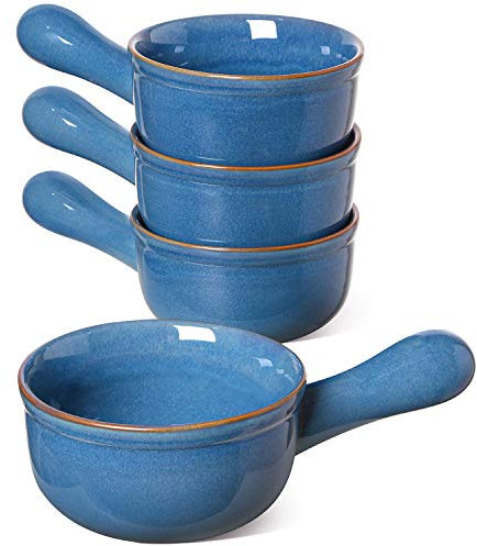 LE TAUCI Soup Bowls with Handle, 15 Oz Ceramic French Onion Soup Bowls, Large Soup Crocks Oven Safe for Stew, Onion, Soup, Chilli, Set of 4, Ceylon Blue