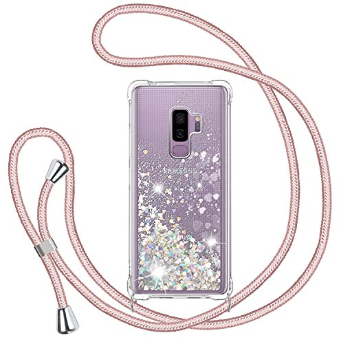 Handyband für Samsung Galaxy S9 Plus/S9+ Hülle mit Band, Glitzer Treibsand Handyhülle mit Kordel zum Umhängen Transparent Stoßfest Schutzhülle mit Kette Schnur, Quicksand Necklace Case in Roségold