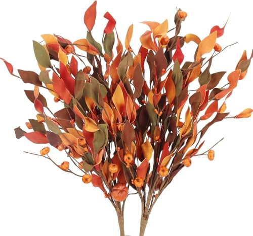 HUAESIN 2 Pcs Künstliche Blumen Ahornblätter Kunstblumen mit Kürbis Simulation Blumen Herbst Unechte Blumen für Tisch Zuhause Fensterbrett Innen Büro Dekoration Orange