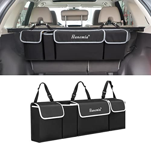 Hanemia Organizador y almacenamiento para maletero de coche, organizador colgante para asiento trasero para SUV, camión, MPV, impermeable, bolsa de almacenamiento plegable con 4 bolsillos, accesorios