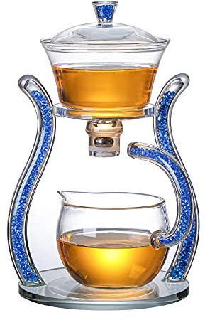 RORA Glass Teapot Set Semi Automatic Drip Rotating with Infuser Lazy Kungfu Tea pot Set (Blue)