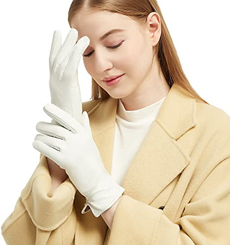 NOVBJECT Lederhandschuhe Winter Damen Touchscreen Lammfell Elegant Kaschmir Gefüttert Warm Outdoor Fahrhandschuhe, Weiß, XXL