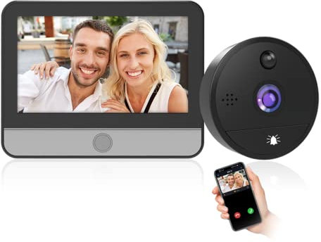VIDEW,Cámara digital con mirilla para video, cámara de timbre WiFi 1080P con monitor de 4.3 pulgadas, detección de movimiento, visión nocturna para apartamento (kit de timbre)