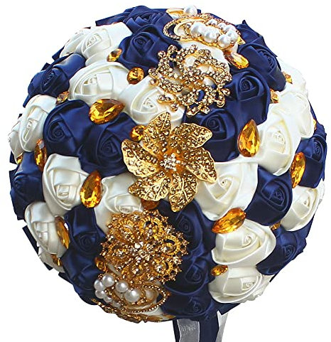 Sharebeauty 24,9 cm handgefertigter Satin-Rosenstrauß, rund, für Hochzeiten, Blumenstrauß, Überwurf, künstliche Blumenstrauß, Marineblau + Elfenbein