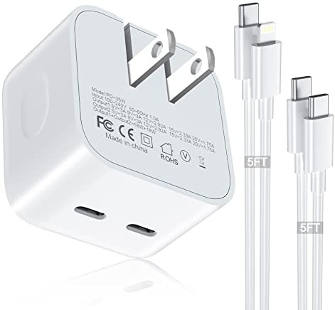 Puerto USB-C dual de 35 W, adaptador de corriente compacto, plegable, USB tipo C, cargador de pared rápido con 2 cables de carga C a L, C a C para iPhone 14, 13, 12, 11 Pro Max Plus Mini, iPad,
