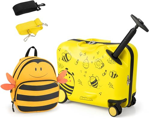 DREAMADE Valise Roulette Enfant 18 et Sac à Dos 12 avec Bandoulière Réglable Bagage Cabine Enfant 3+Ans avec Roues Pivotante 360° Bagage à Main Fille et Garçon Charge 50KG+8KG (Abeille)