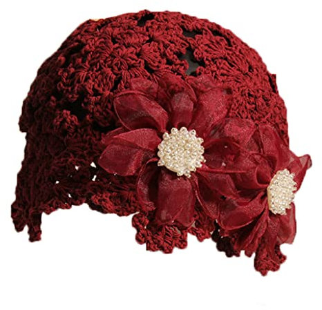 KABELIF Vintage Damen Mädchen Häkelmütze mit Blumen Handgemacht Beanie Mütze Frühling Sommer Herbst Elastischer Strickmützen (Weinrot)
