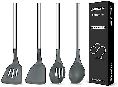 4 Pcs Silicone Kitchen Utensils Set, Wok Spatulas-Slotted Turner-Cooking Spoon-Slotted Spoon, Non-Stick BPA Free Heat-Resistant Basting Stainless Steel Handle Kitchenware for Cooking, Mixing, Serving