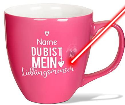 PR Print Royal XXL Jumbotasse graviert mit Name und Spruch - Lieblingsmensch - Hochwertige Porzellan-Tasse mit Gravur, hochglänzende Oberfläche, Geschenk für Mama | Fancy Pink, 400 ml