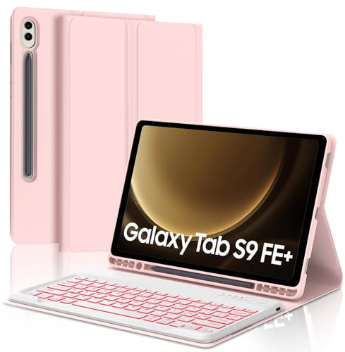 IVEOPPE Tastiera Samsung Galaxy Tab S9FE +12.4 2023, Cover Tastiera Samsung tab S9 Plus, Tastiera Italiano Bluetooth Retroilluminata Rimovibile per Galaxy Tab S9+, Rosa