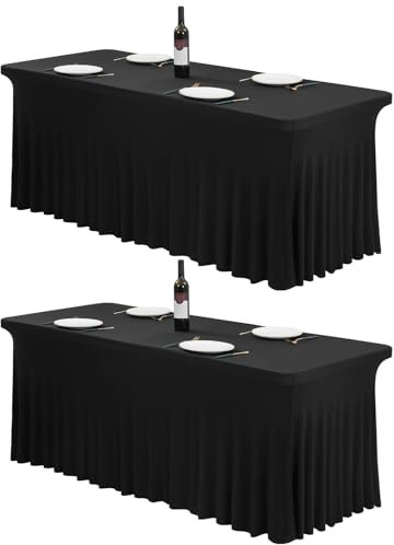 2 Stück Spandex Tischröcke,183 x 76cm Schwarz Stretch Tischdecke mit Rock Waschbare Tischrock für 6Ft Rechteck Tische, Einziehbare Tischabdeckung für Hochzeiten Bankette Messen