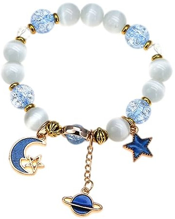 Banziaju Halskette Perlen Armband Mondstern Planet Anhänger elastisches Armband Universum Element Armreif Blau