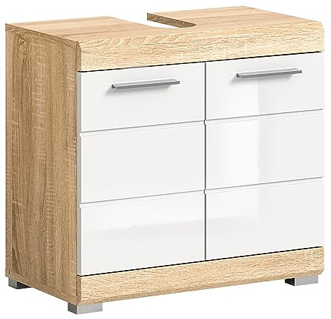 Newroom Waschbeckenunterschrank Sonoma Eiche hell weiß Hochglanz Badschrank Modern Elegant - 60x56x34 cm (BxHxT) - Standschrank Badezimmermöbel - [Bolero.Two] Bad Badezimmer WC