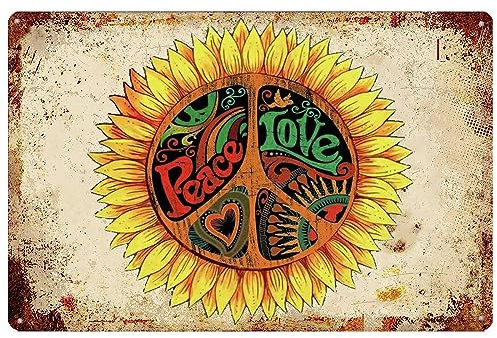 Hippie Room Decor Retro Tin Sign Sunflower Peace Love Art Wall Decoration Retro Hippy Street Signs For Home Gate Garden Bars Cafes Office Store Pubs Club 20x30cm