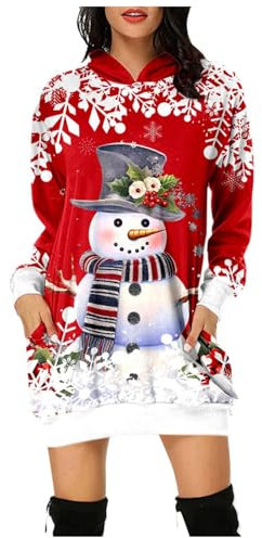 Generisch Weihnachtspullover, Frauen Weihnachten Hoodie Mode Gedruckt Langarm Mittellang Top Mit Taschen Damen Weihnachtspullover Christmas Pullover Langer Ugly Sweater Lichterkette (L, Red)