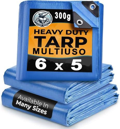 Lona con Ojales, Impermeable, 5 x 6m, 300 g/m², Cubierta con Ojales, protección contra Rayos UV y Lluvia, de PE para Barco, Coche, Piscina, jardín, Camping Azul+Negro