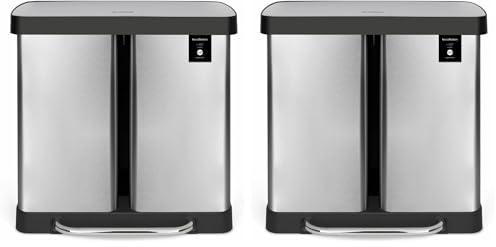 Les Collectors Poubelle de tri à pédale INOX N°928, 2 Compartiments 30L Rectangulaire Finition Anti-Traces de Doigts Fermeture couvercle silencieuse Pieds Anti-dérapants 2 seaux Amovibles Brossé