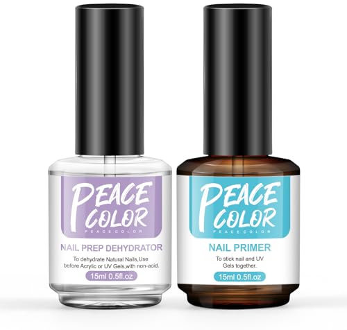 PEACECOLOR 15ML Nail Prep Dehydrator and Primer Set, Professional Primer and Acid Free Natural Nail Prep Dehydrator for Gels, Superior Bonding Fast Air Dry for Gel Polish and Acrylic Supplies Set