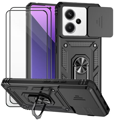Dechyi für Xiaomi Redmi Note 13 Pro 5G Hülle und 2 Stück Panzerglas Schutzfolie SchutzHülle und Kameraschieber 360 Drehbarer Militä Ständer Stoßfest Robuste Handy hülle-Schwarz