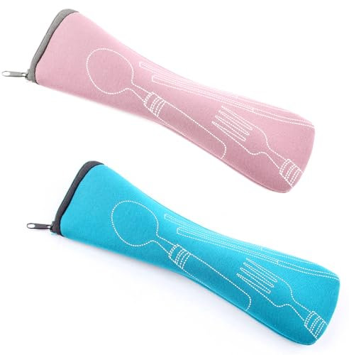 2 Pièces Boite a Couvert Transportable, Néoprène Etui Couvert Vide avec Fermeture Éclair pour Voyage de Pique-Nique à l'École de Travail (Bleu, Rose)
