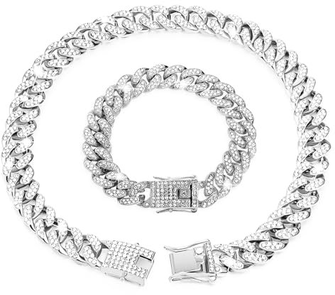 Ceihwa 12 MM Miami Kubanische Gliederkette Silberne Cuban Link Chain Iced Out Kette Herren Necklace Bling Diamant Kette Armband Ice Out Tennis Chain Diamond Hip Hop Jewelry Set Breite Halskette