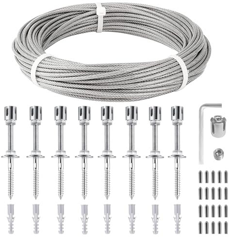 Btstil Rankhilfe aus Edelstahl für Kletterpflanzen, 304 Edelstahl Komplettset Drahtspalier mit Wandhaltern und 3mm Stahlseil für Kletterpflanzen, Garten, Mauer, Zaun (8 Halter, 12m Seil)
