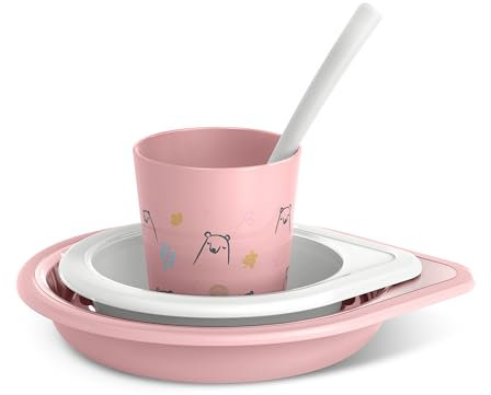 Suavinex, Vajilla para Bebés, Set de Platos de Aprendizaje, +6 Meses, Vajilla Infantil Apta Para Lavavajillas y Microondas. Incluye: Vaso + Plato Llano + Bol + Cuchara. Bears Rosa