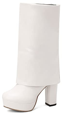 Bviennic Donna Tacco a Blocco Stivali con Plateau Tacco Alto Stivaletti Moda Stivali da Vestito Punta Rotonda Zip, V22136Gc Bianco Numero 37 EU/38Cn