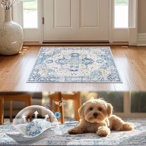 TOPICK Fußmatte 60x90cm Waschbar Fussmatte Innen Kurzflor Retro Blau Blume Orientalischer Teppich Antibakterieller Faltbar rutschfest Dünn Türmatte für Haustür Eingangs Küche Flur Schlafzimmer