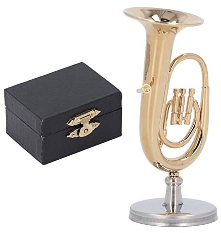 Hapivida Miniatur Tuba Ornament, Goldmessing Mini Musikinstrument mit Ständer und Koffer, Tischfigur, Heimdekoration