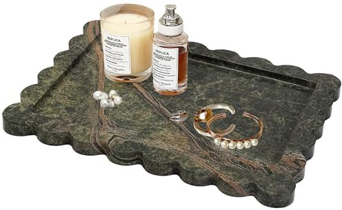 Prolee Scalloped Marble Tray,Marble Vanity Trays for Bathroom 12 x 9, Scalloped Tray,Wave Appearance Jewelry Home Decor Stone Trays for Kitchen Counter, Bathroom, Rainforest Green