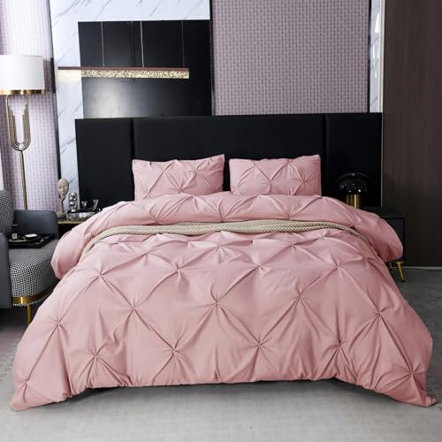 E-yimeng Bettwäsche-Set für King-Size-Betten, Biesen-Bettwäsche-Set, rosa Quetschfalten, Bettbezug mit 2 Kissenbezügen, Reißverschluss, luxuriöse Bettwäsche-Kollektion, maschinenwaschbar, 230 x 220 cm