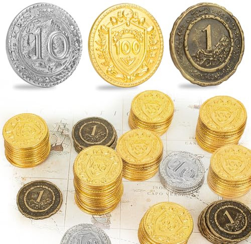 Byhoo 50 PCS Metall DND Münzen, 1,2“ Gold Silber Kupfer Token mit Nennwert für Brettspiel und Tabletop RPG, Fantasy Metallmünzen für Piraten Spiel Party Cosplay