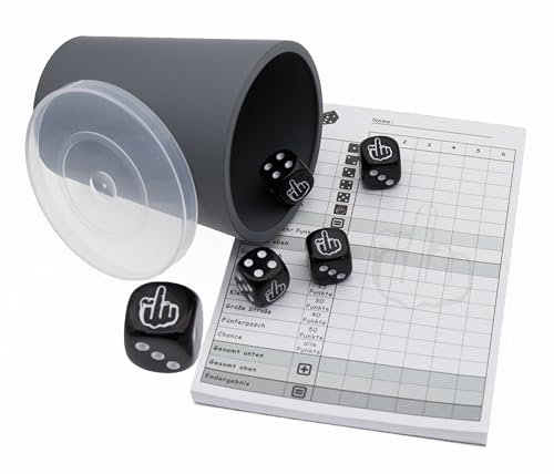 DiceCupFlex - Flexibler Würfelbecher mit Deckel inkl. 5 Würfel und Würfelblock, Spielblock - Made in Germany (Grau FU)