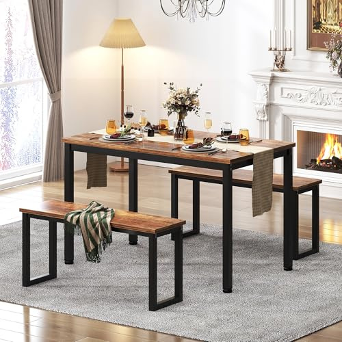sogesfurniture Essgruppe 3-teilig, mit Esstisch 100x60x73.7cm, 2 Sitzbänken in Metallgestell, Rechteckig Küchentisch-Set für Wohnzimmer, Esszimmer, Vintagebraun