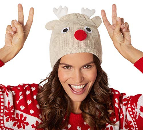dressforfun Weihnachtsmütze Strickmütze Rentier mit roter Nase, Geweih und Ohren, beige