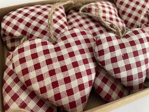 Khevga Juego de 12 colgantes de corazón a cuadros – Corazones decorativos de tela para el hogar, ventana y puerta, decoración de primavera, Navidad y todo el año en estilo rústico y shabby chic
