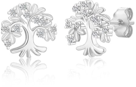 Tree of Life Earrings for Women Girls, Silver Hypoallergenic Cubic Zirconia Stud Earrings Faimly Tree Jewelry Gifts for Birthday Christmas