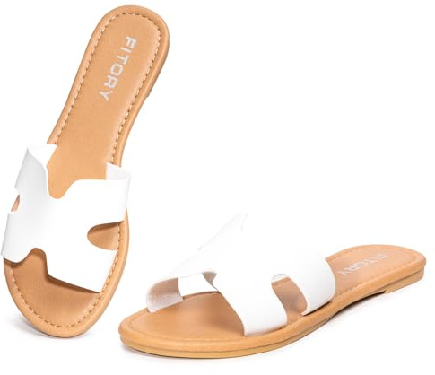 FITORY Women's Flat Sandals Slip On Leather Sliders Size 4-9 | Summer Ladies Shoes Open Toe Dressy Comfortable Fashion Casual for Holiday Walking Indoor Outdoor