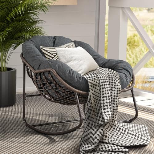 LIFEISLE Schaukelstuhl für drinnen & draußen, Wasserdicht Rattan Loungesessel mit gepolsterung, Ei-Schaukelstuhl für Wohnzimmer Balkon Garten Outdoor Grau