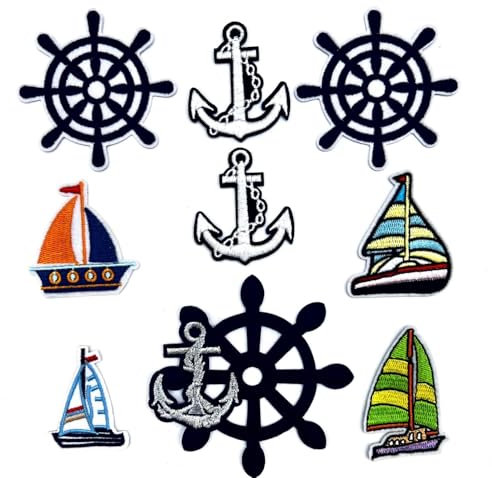 9 Stück Schiffsanker Steuerrad Schiff Aufbügler Segelboot Maritime Iron-On Patch Aufnäher